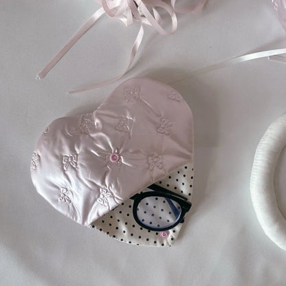 Pink Heart Bow Glasses Case - PU Leather Eyewear Storage Pouch with Embossed Pattern Design