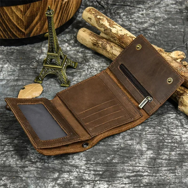 Men’s Genuine Leather Short Wallet with Chain – Trifold Zipper Clutch, Card Holder & Coin Purse