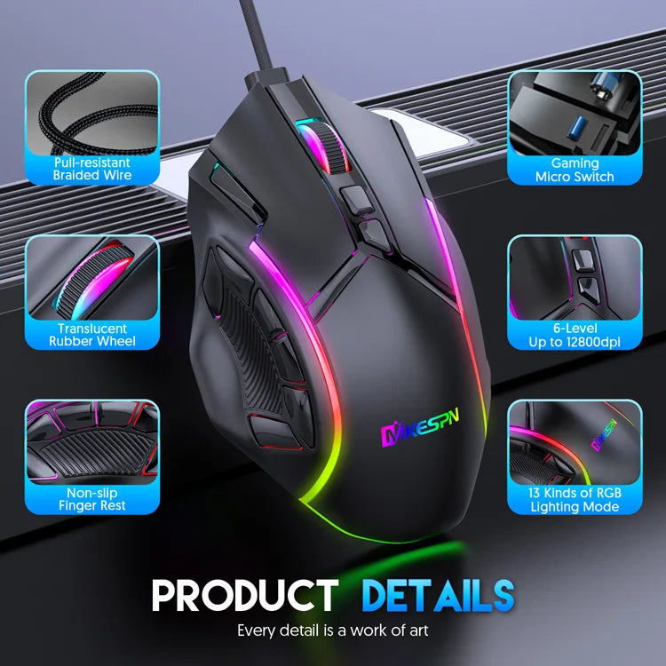 12800DPI RGB Gaming Mouse – Free Weight Macro with 12 Programmable Keys, 6-Level RGB Light for PC, Mac, PUBG, Laptop