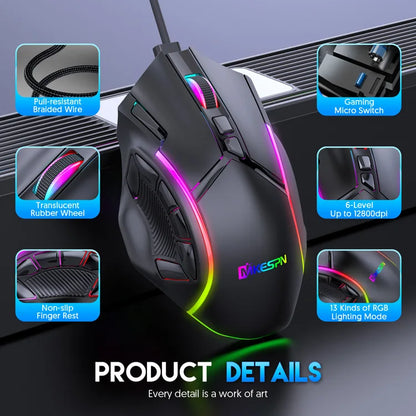 12800DPI RGB Gaming Mouse – Free Weight Macro with 12 Programmable Keys, 6-Level RGB Light for PC, Mac, PUBG, Laptop