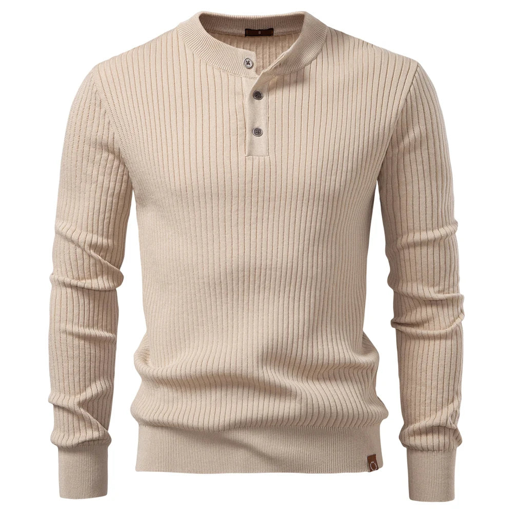 Men's Ribbed Stripe Polo Shirt - Long Sleeve Button Placket Premium Business Casual Top