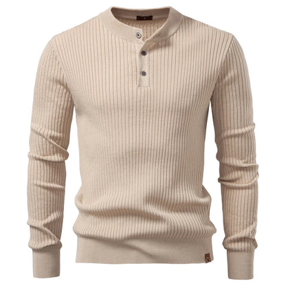 Men's Ribbed Stripe Polo Shirt - Long Sleeve Button Placket Premium Business Casual Top