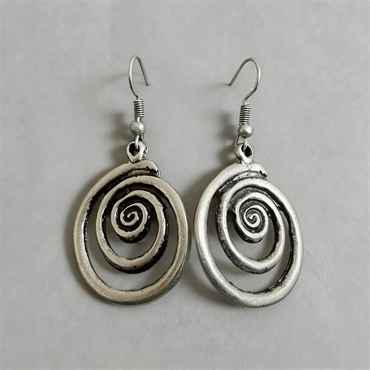 Ethnic Silver Round Spiral Dangle Earrings – Retro Geometric Metal Jewelry for Women Accessories