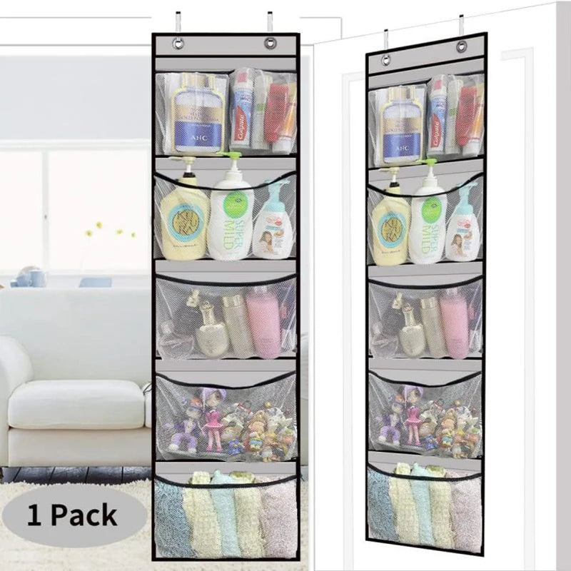Over the Door Organizer – Grey Hanging Storage with 5 Large Pockets & Shelves