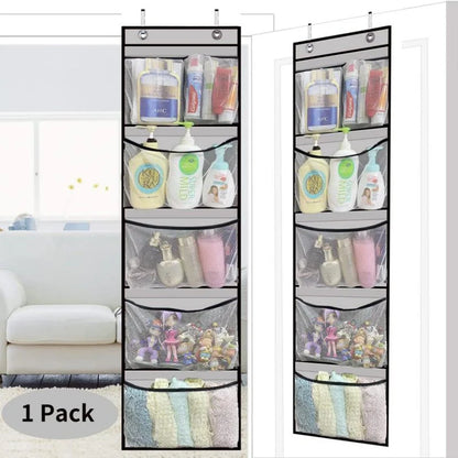 Over the Door Organizer – Grey Hanging Storage with 5 Large Pockets & Shelves