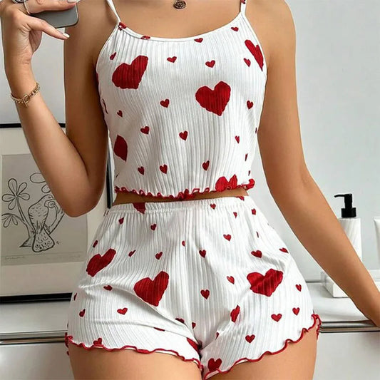 Women's 2PC Pajama Set – Soft Sleeveless Tank & Shorts | Casual Sleepwear with Love Print (S- L, White)