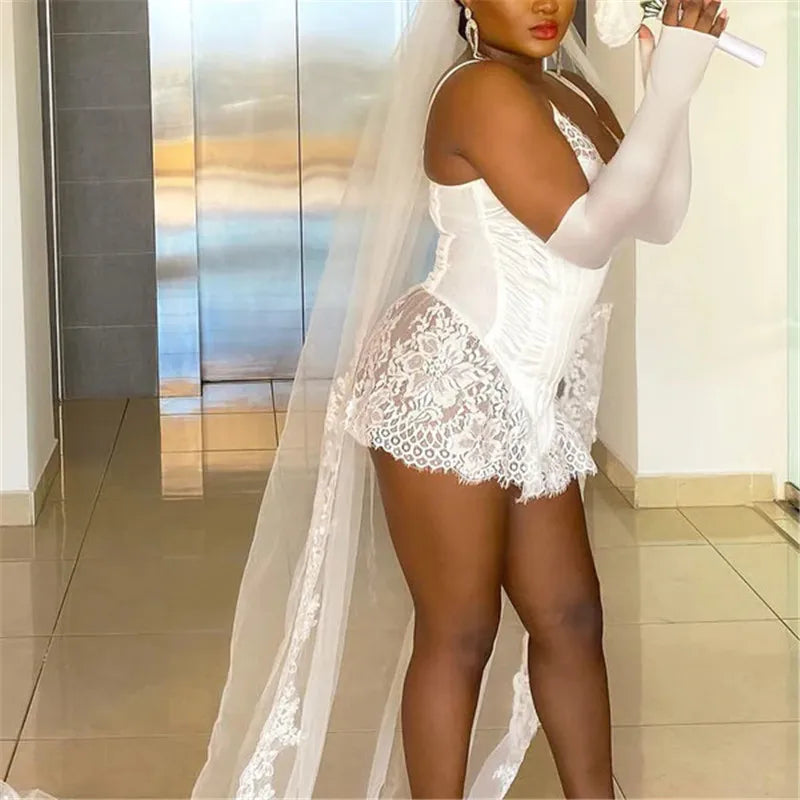 White Satin Bridal Corset Dress - Lace Wedding Cosplay Costume with Veil & Gloves