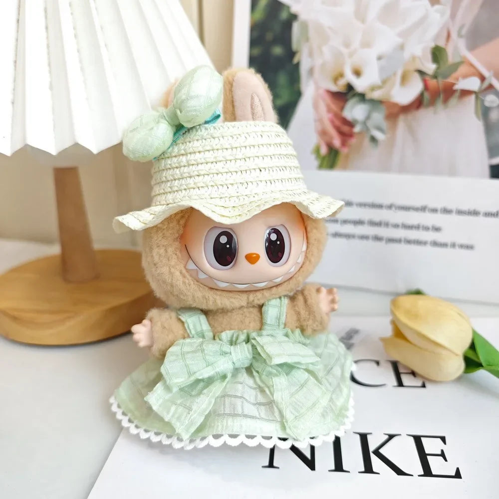 Labubu Clothes Outfit — Sweet Candy Skirt with Fresh Colors & Straw Hat Rural Style for Sitting Party Labubu