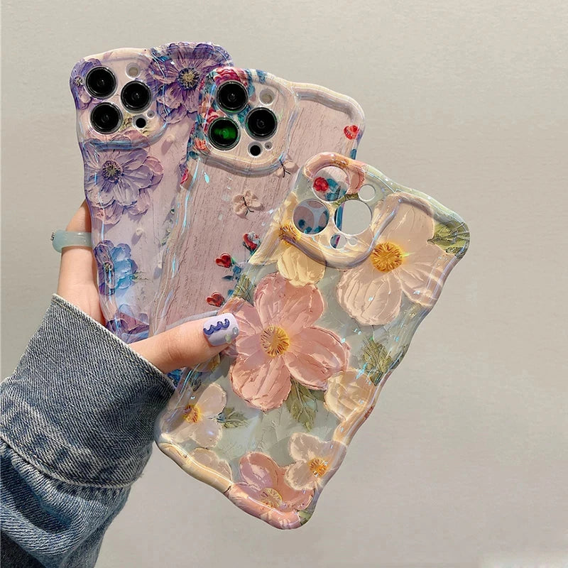 Laser Blue Light Flowers Phone Case for iPhone 11 to 14 Pro Max – Luxury Shockproof TPU Soft Silicone Cover