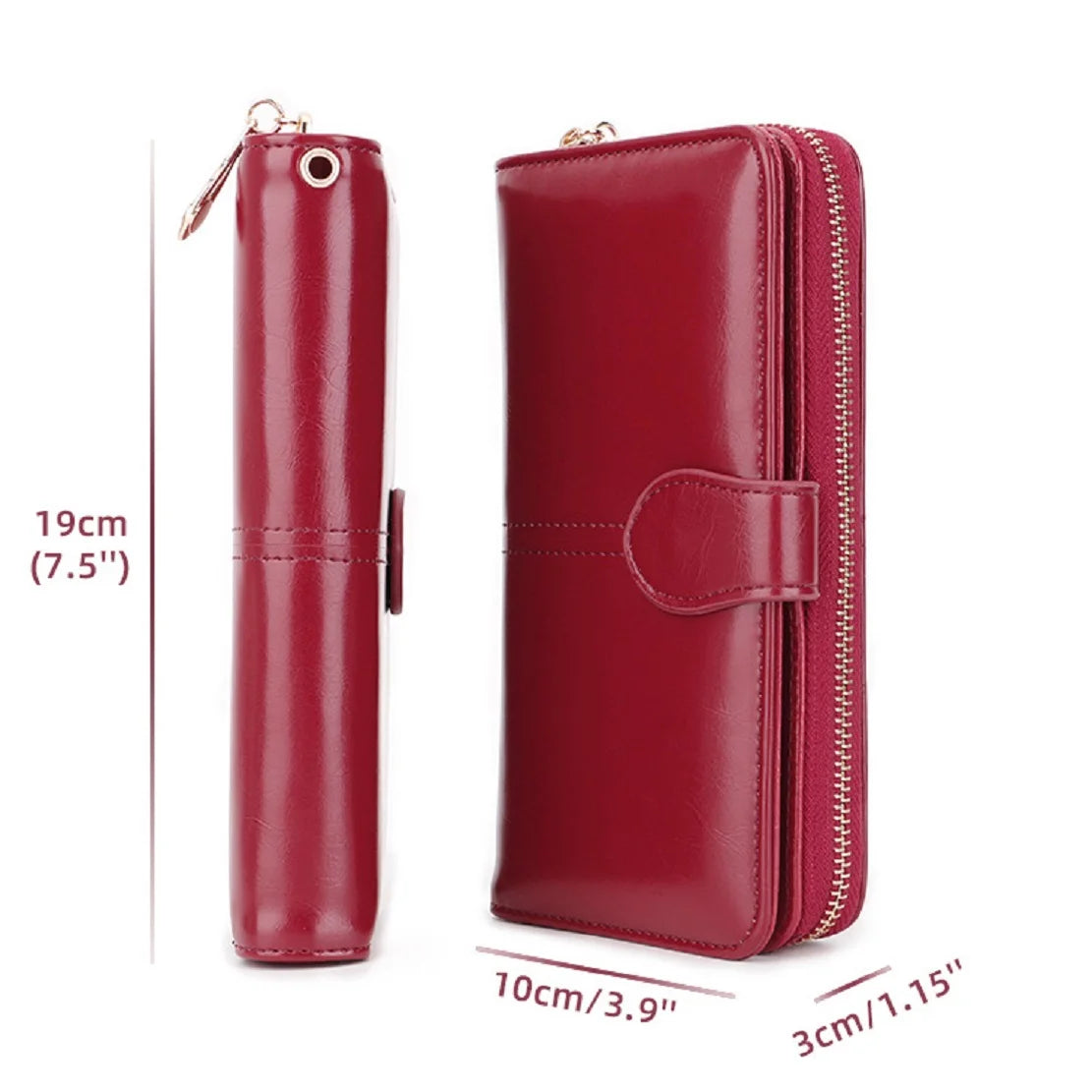 Bright Wax Leather Long Wallet – Multi-Card Holder with Wristband & Card Pouch