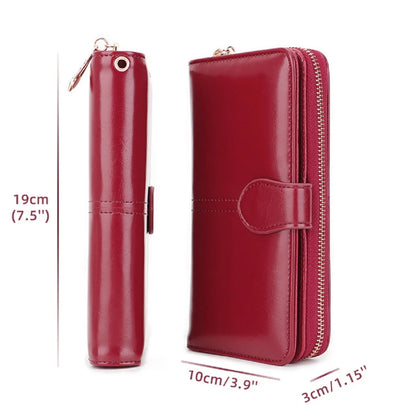 Bright Wax Leather Long Wallet – Multi-Card Holder with Wristband & Card Pouch