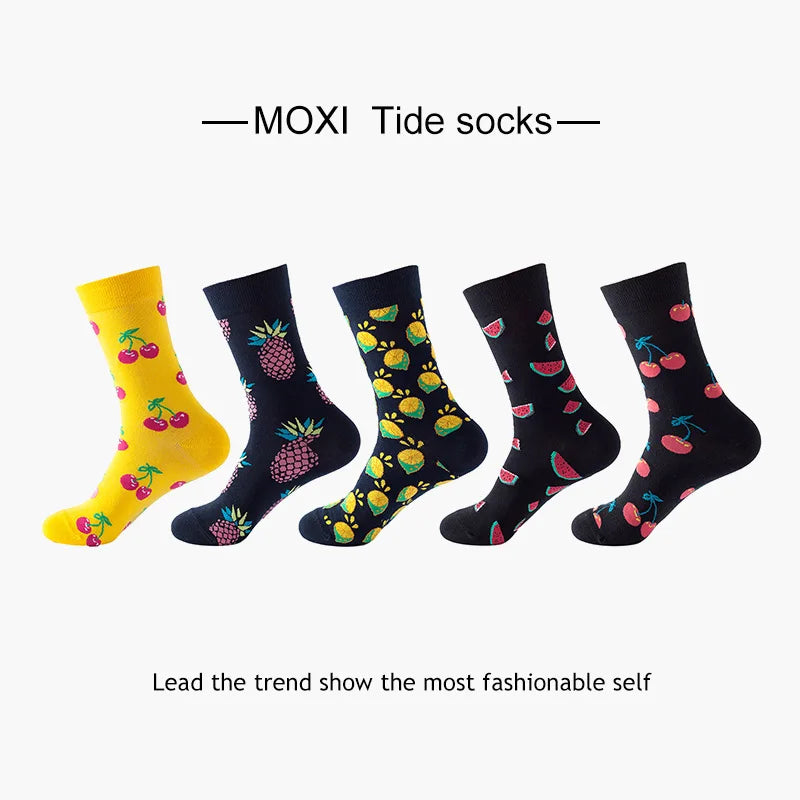 5-Pair Men’s Cotton Sports Socks Pack - Hip Hop Harajuku Pastel Print Long Tube Running Casual Socks