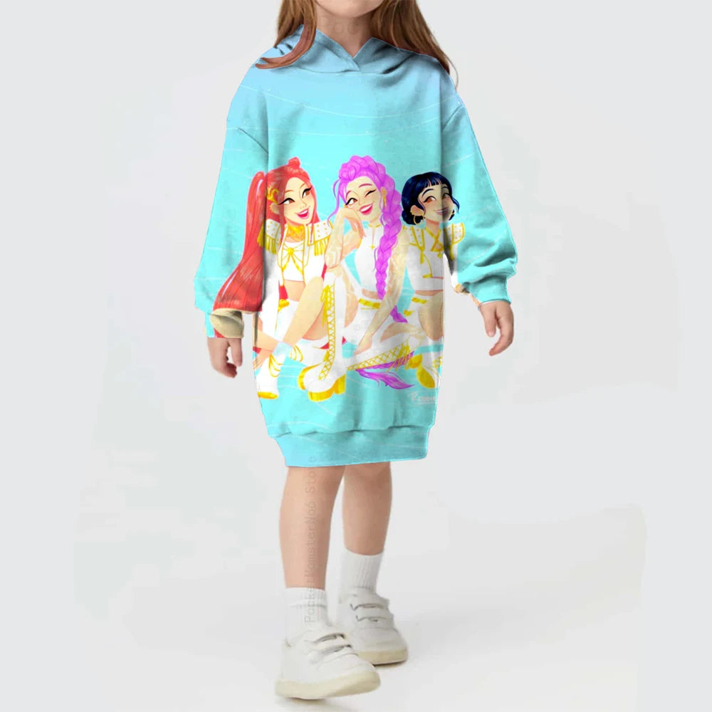 KPop Demon Hunters Hoodie Dress — Rumi Cute Cartoon Sweatshirt Pullover for Girls, Long Sleeve Autumn Y2K Sportswear