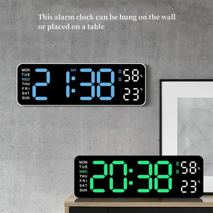 9-Inch Digital Wall Clock — USB Powered LED Table Clock with Temperature, Humidity, Week Display, Auto Dimmer, DST, 12/24H & Alarm