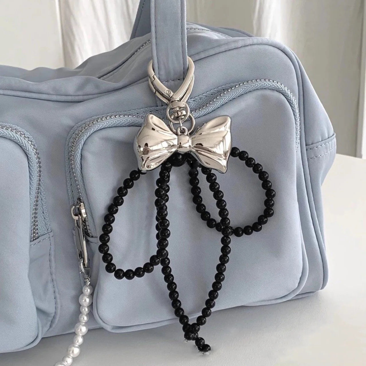 Cute Pearl Beaded Bowknot Keychain — Metal Bow Pendant Bag Charm for Women & Girls