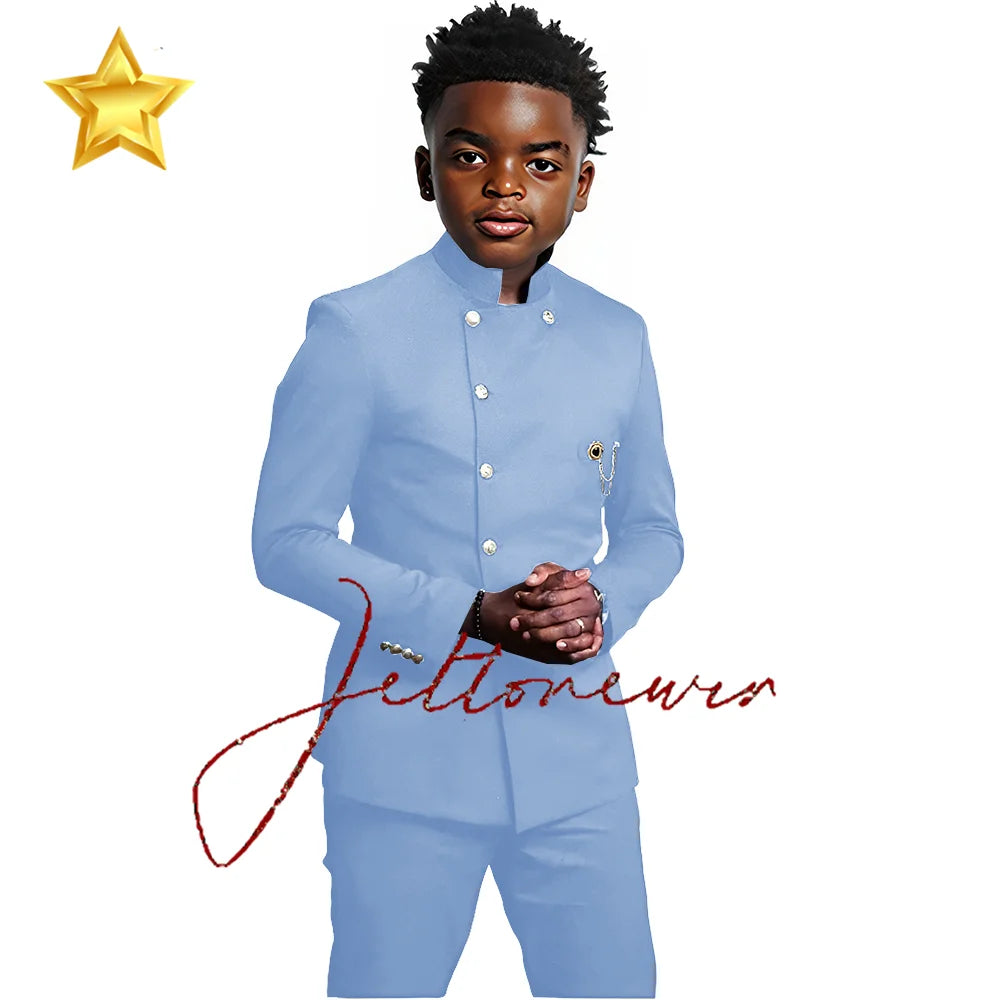 African Style Boys Suit - Stand Collar Blazer and Pants 2 Piece Casual Business Kids Formal Wear