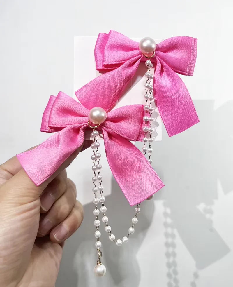 Sweet Princess Pink Pearl Bow Hair Clip – Cute Chain Hairpin for Women & Girls Back Head Fashion Hair Accessories