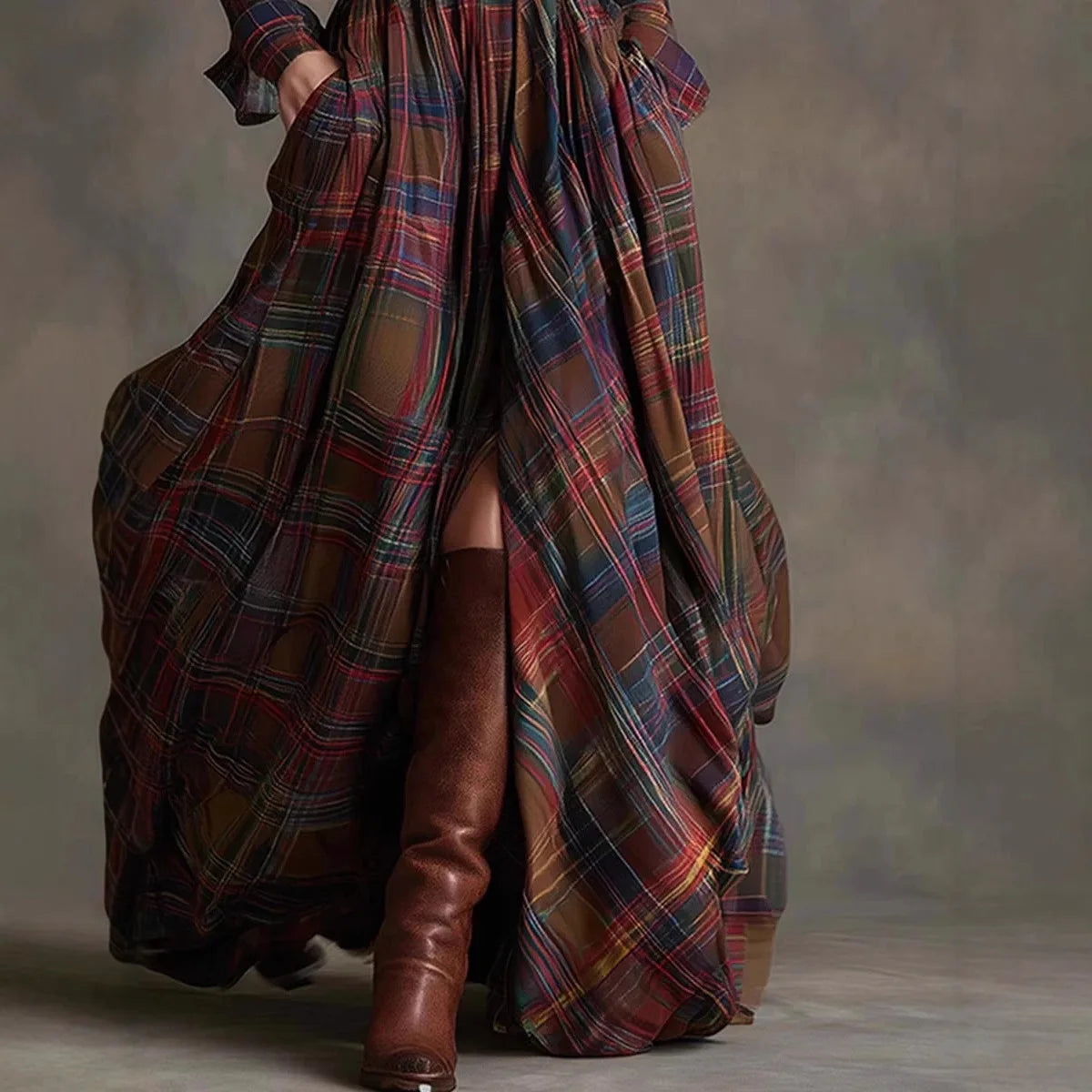 Women’s Plaid Maxi Shirt Dress – Autumn Casual Long Sleeve Button Pocket Lapel Retro Dress