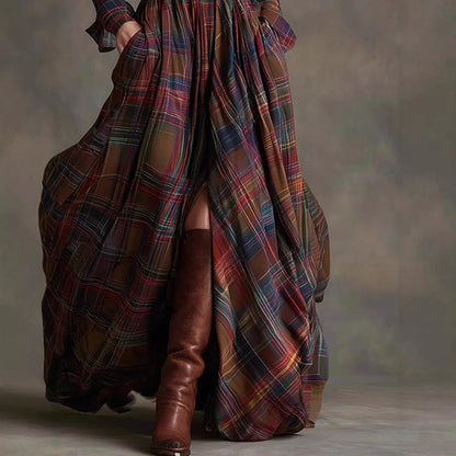 Women’s Plaid Maxi Shirt Dress – Autumn Casual Long Sleeve Button Pocket Lapel Retro Dress