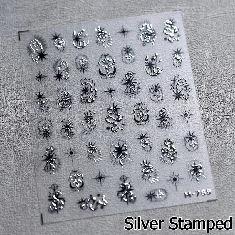 5D Gold Stamped Nail Art Stickers - Silver Sun Stars Snake Chinese Style Self-Adhesive Manicure Decals