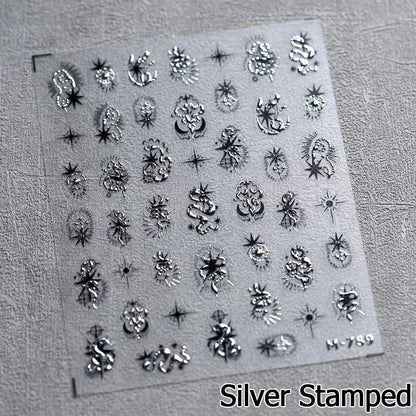 5D Gold Stamped Nail Art Stickers - Silver Sun Stars Snake Chinese Style Self-Adhesive Manicure Decals