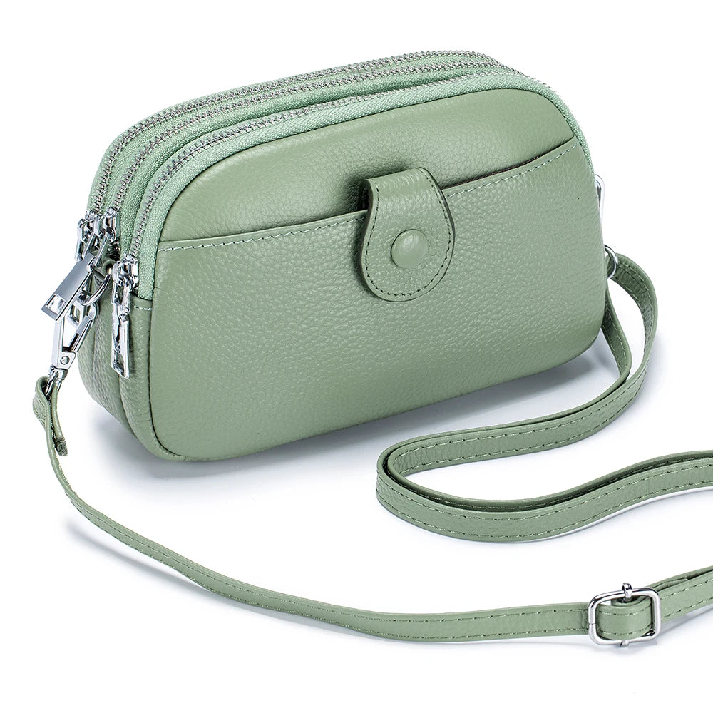 Real Leather Women’s Shoulder Bag - Mini Crossbody Purse with Three Zipper Pockets