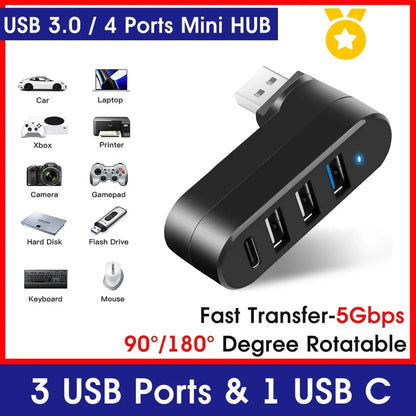 4-Port USB 3.0 Hub - Rotatable Multi-Port USB Data Transfer Expander for Laptop, MacBook & PC