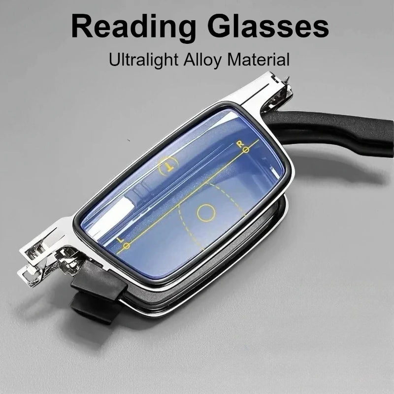 Unisex Folding Reading Glasses – Full Metal Frame, Transparent Lenses, Anti-Blue Light with Case