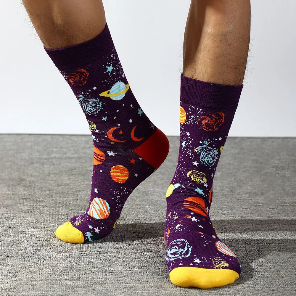 5-Pair Combed Cotton Novelty Crew Socks - Funny Skateboard Casual Socks for Men & Women