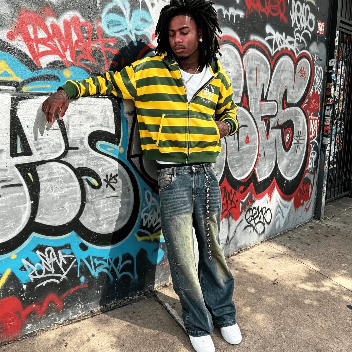 Men's Striped Zip-Up Hoodie - Retro American Streetwear Sweatshirt with Rivet Details