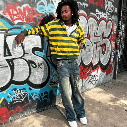 Men's Striped Zip-Up Hoodie - Retro American Streetwear Sweatshirt with Rivet Details