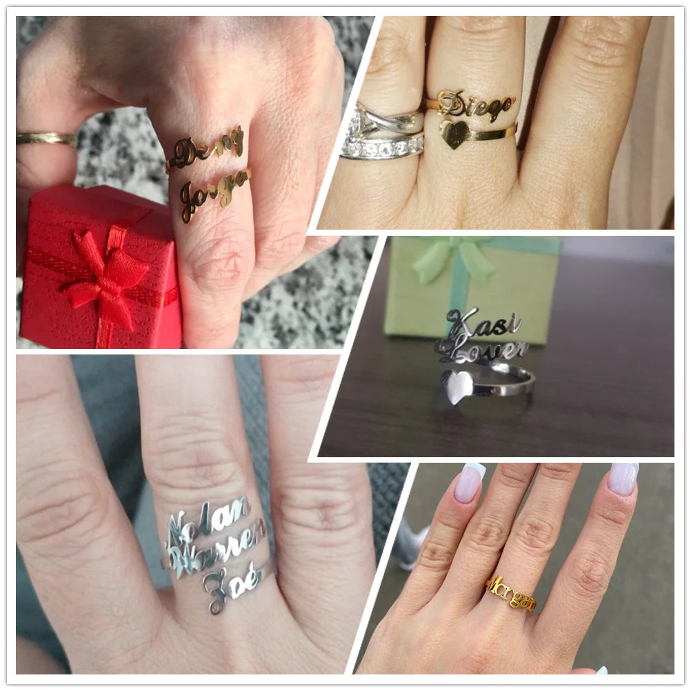 Custom Fishhook Double Name Finger Ring - Personalized Family & Couple Love Gift for Women & Men, Gold Stainless Steel Jewelry