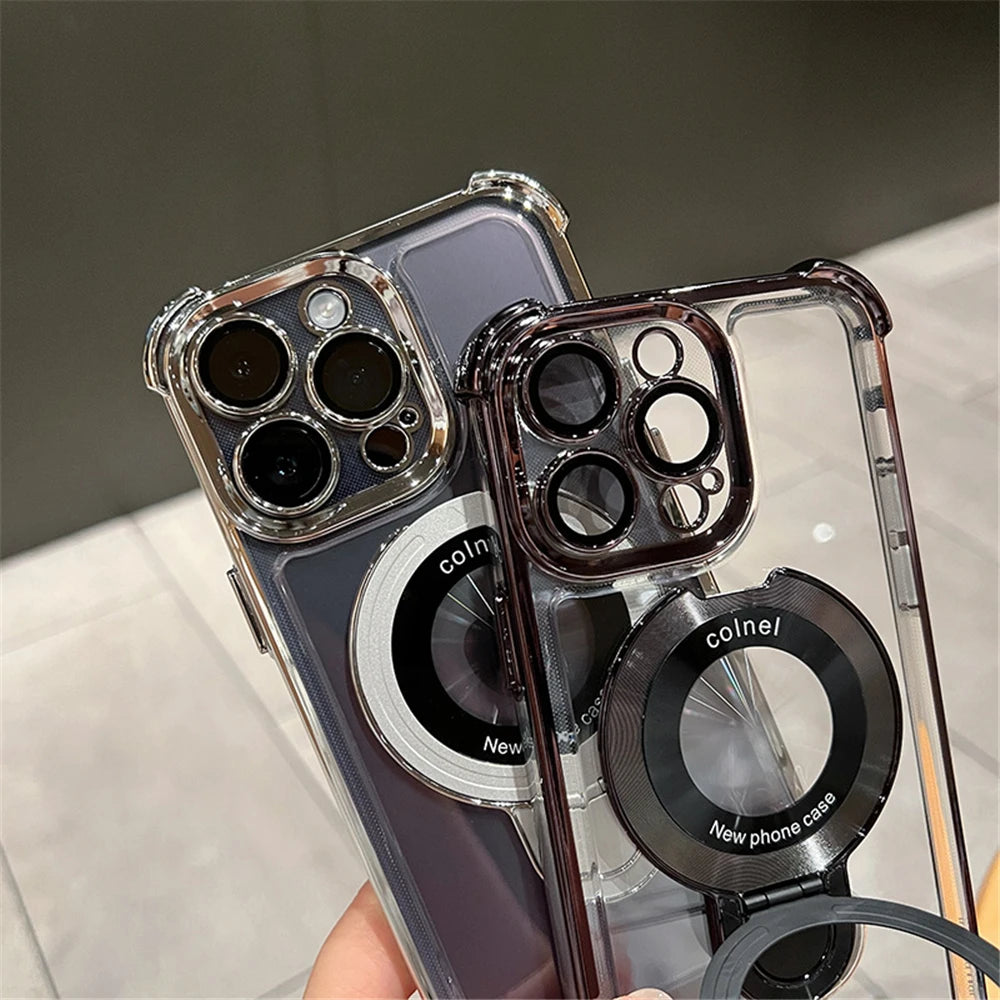 Luxury Plated Shockproof Magnetic Bracket for MagSafe – Clear Case with Stand Holder for iPhone 15, 16, 14, 13, 12, 11 Pro Max