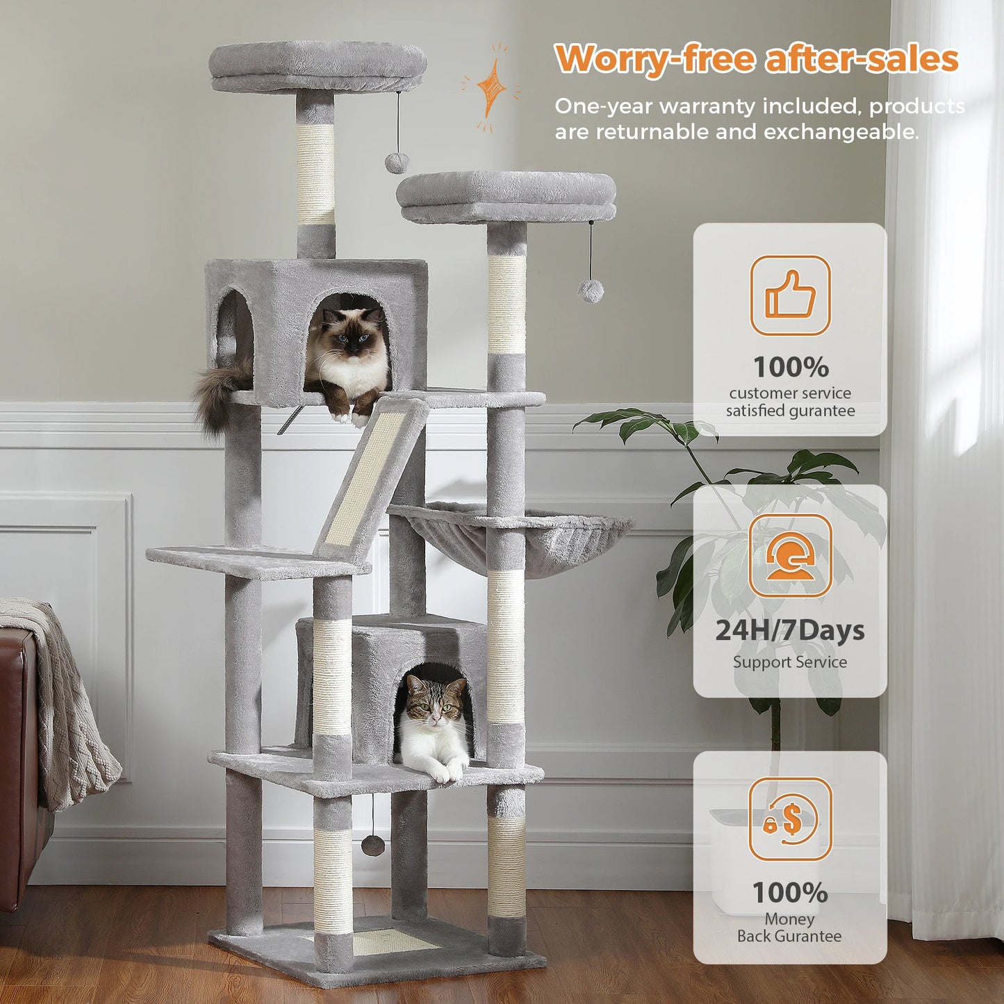 Large Cat Tree Tower – Multi-Level Plush Indoor Cat Condo with Scratching Posts, Boards, Perches & Caves