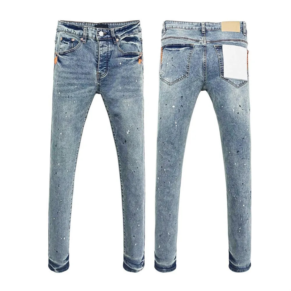 Men's Graffiti Washed Jeans - Retro Distressed Low Rise Skinny Denim Pants