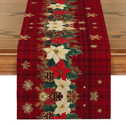 Christmas Poinsettia Table Runner - Holly Snowflake Holiday Dining Decor for Kitchen, Coffee Table & Party Settings