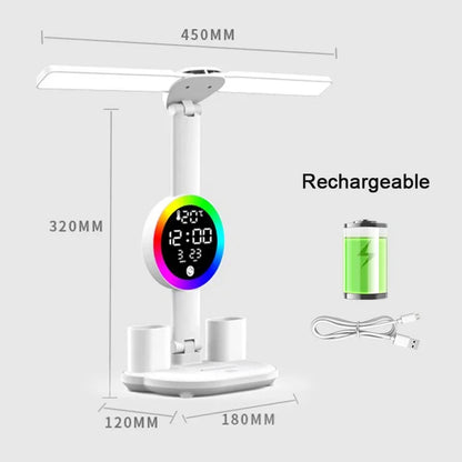 LED Desk Lamp with Fan & Clock - Adjustable Brightness Reading and Study Light