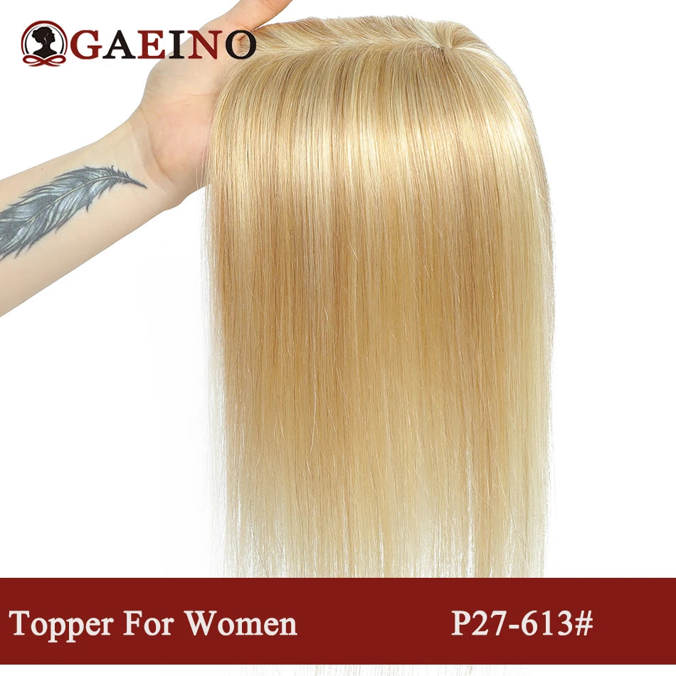 Straight Human Hair Topper With Bangs - Silk Base Clip In Real Hair Extension For Women Chocolate Brown Light Brown