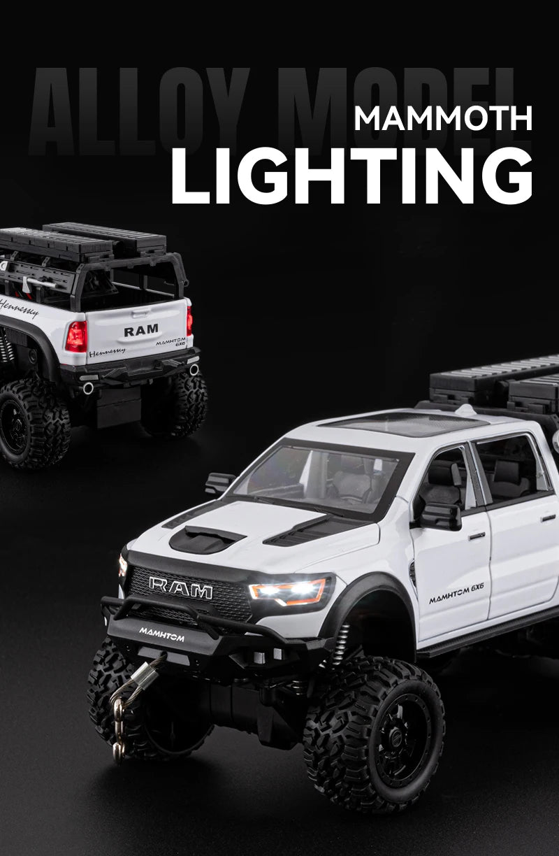 1:24 Dodge Mammoth RAM 1000 TRX 6x6 Diecast Model – Metal Alloy Pickup Toy Car with Lights for Kids & Collectors