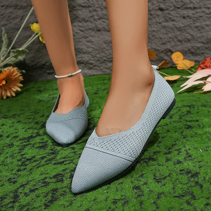 Women’s Pointed Toe Flat Shoes – Solid Color Knitted Slip-On Ballet Loafers, Casual & Breathable Ladies Shoes