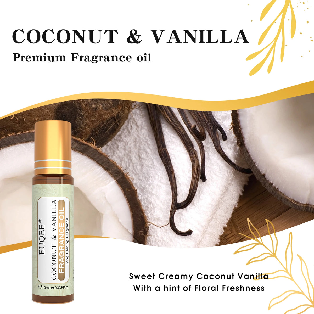 EUQEE 10ml Women's Roller Fragrance Oil - Coconut, Vanilla & Floral Aroma Scent Oil