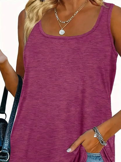 Plus Size Women’s Summer U-Neck Vest Top - Solid Color Elastic Dolphin Hem American Casual Style Shirt