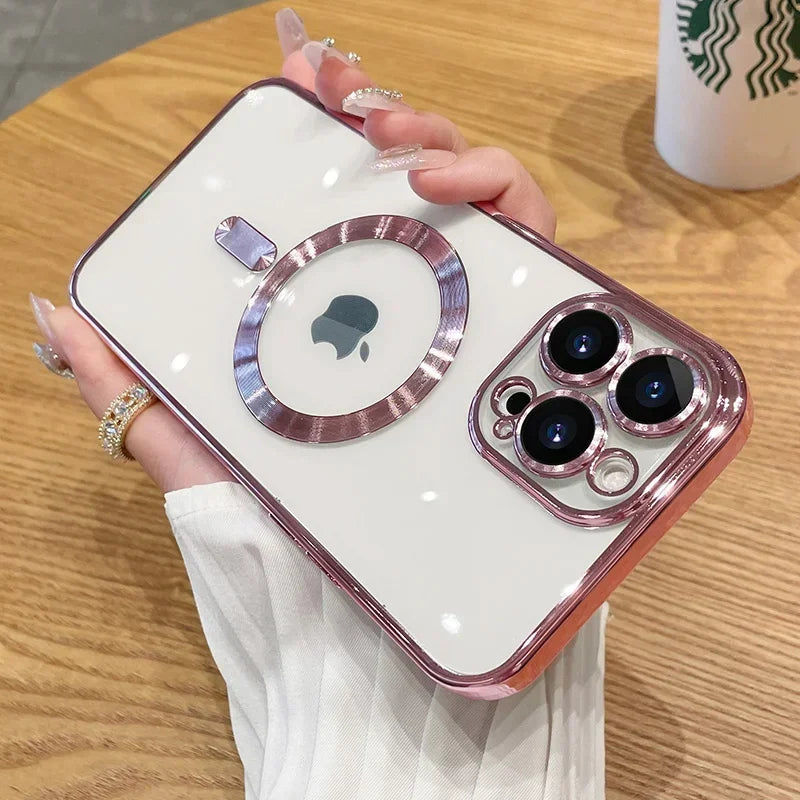 Luxury Plating MagSafe Magnetic Case for iPhone 16/15/14/13/12/11 Pro Max Plus – Wireless Charging Cover with Lens Protector