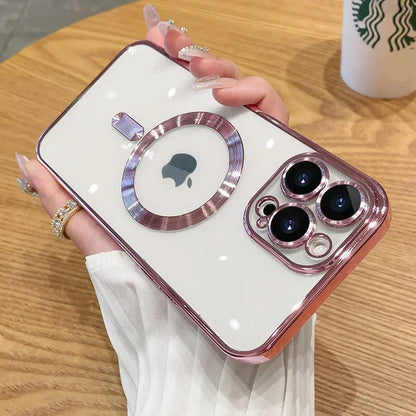 Luxury Plating MagSafe Magnetic Case for iPhone 16/15/14/13/12/11 Pro Max Plus – Wireless Charging Cover with Lens Protector