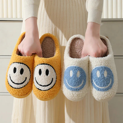 Smiling Face Furry Cotton Slippers for Couples - Women's Thick-Soled Cartoon Anti-Slip Indoor Slippers for Autumn/Winter