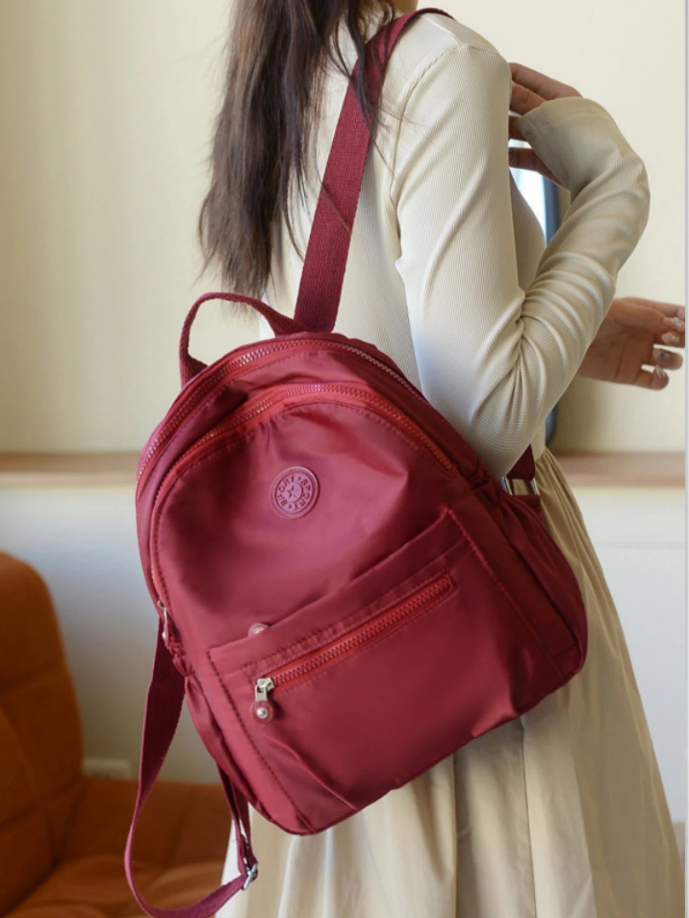 Solid Color Nylon Backpack - Lightweight, Fashion Daypack for Work and Travel, Luggage-Hangable School Bag
