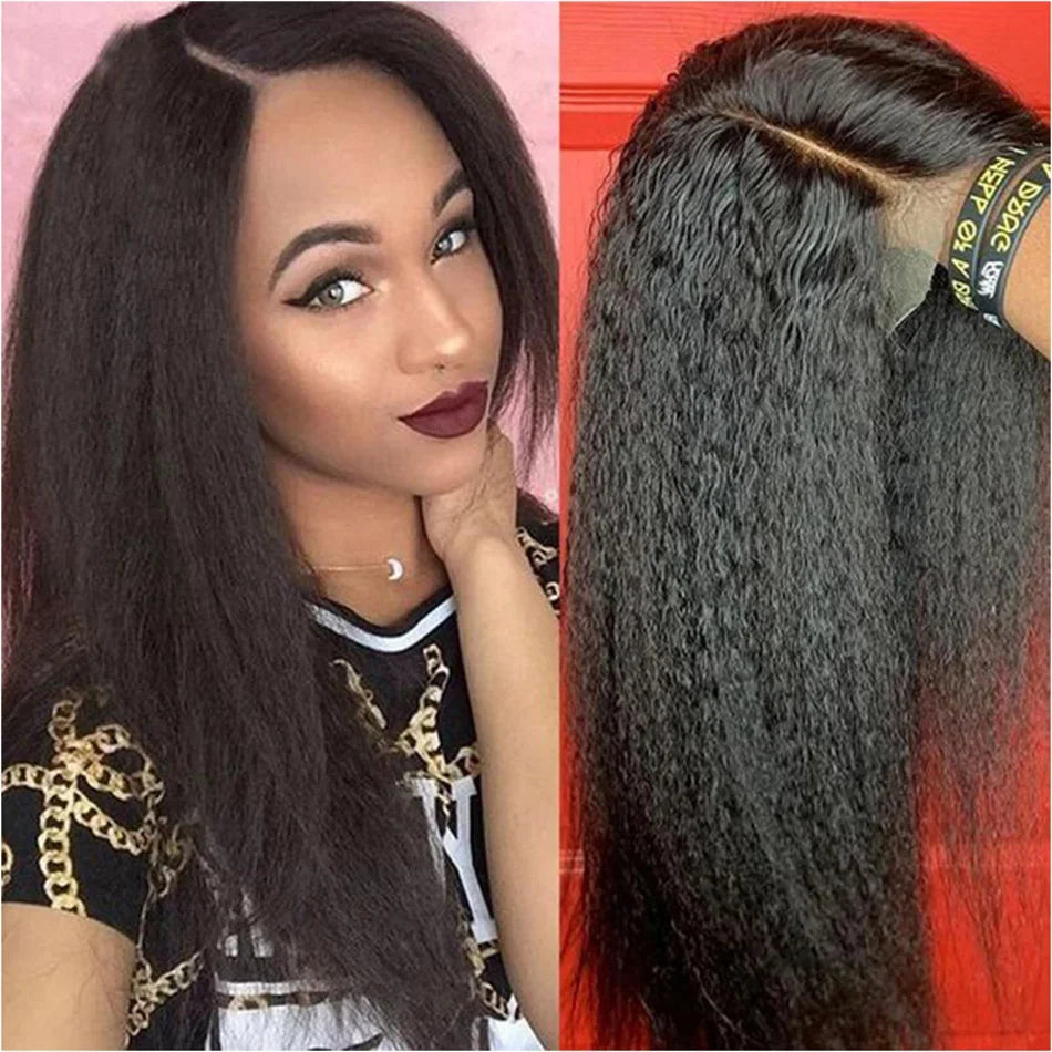 Kinky Straight 13x4 Lace Front Wig – Brazilian Human Hair, Bone Colored Yaki Straight, Transparent Lace Frontal Wig for Women