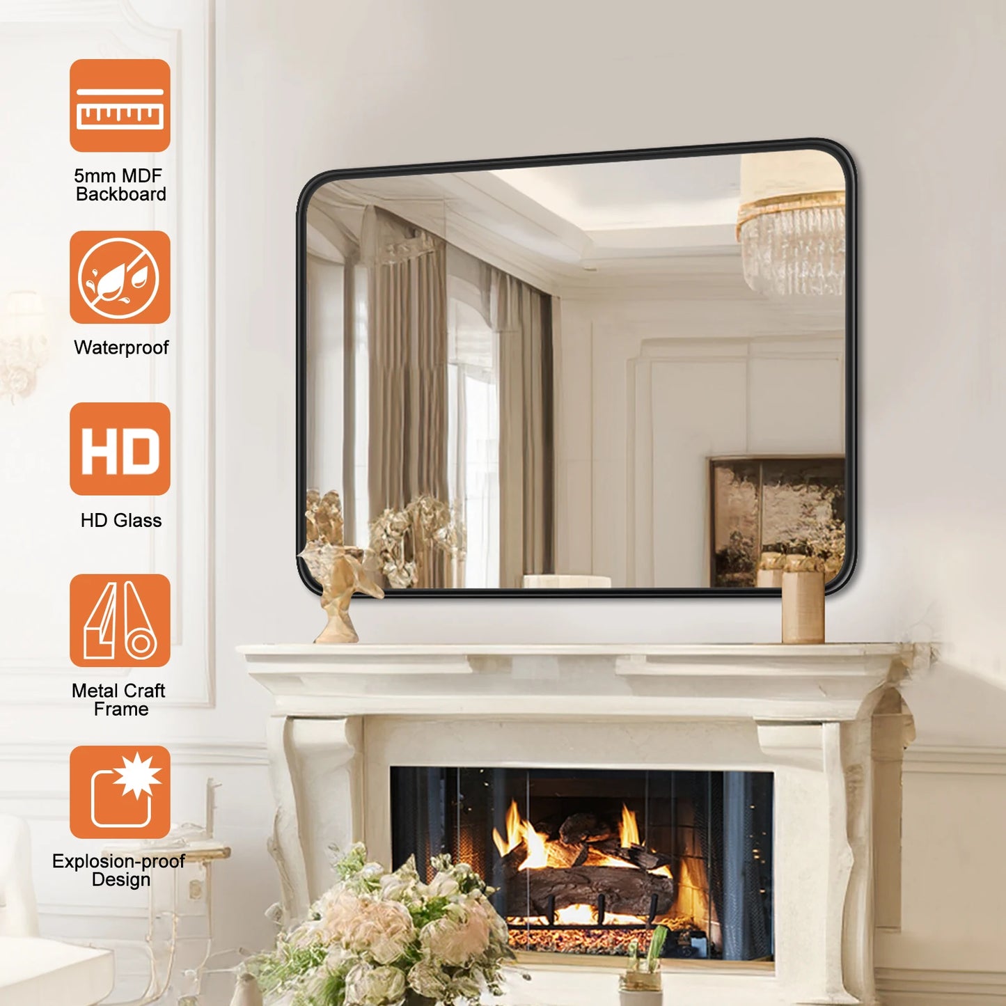 30x40" Large Rectangle Wall Vanity Mirror – Matte Metal Frame, Tempered Glass, Modern Living Room Decor