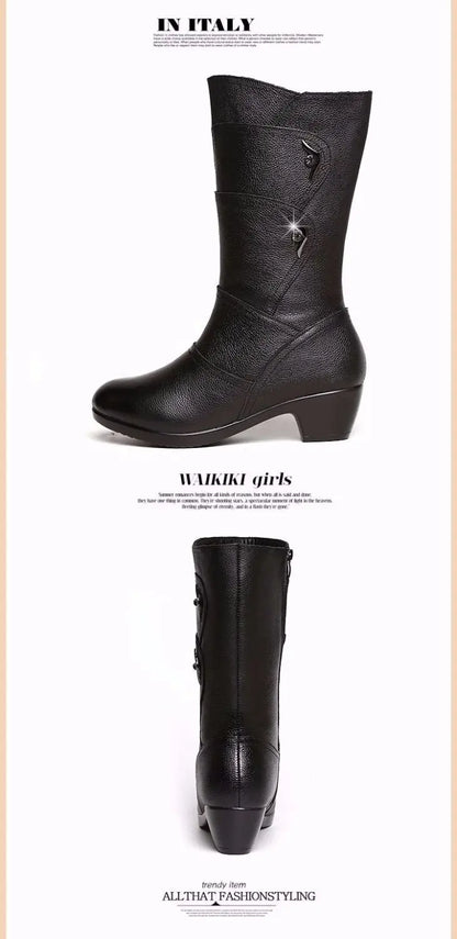 2024 Women’s Fashion Mid-Calf Boots – Waterproof Leather, Anti-Slip Zipper Winter Footwear