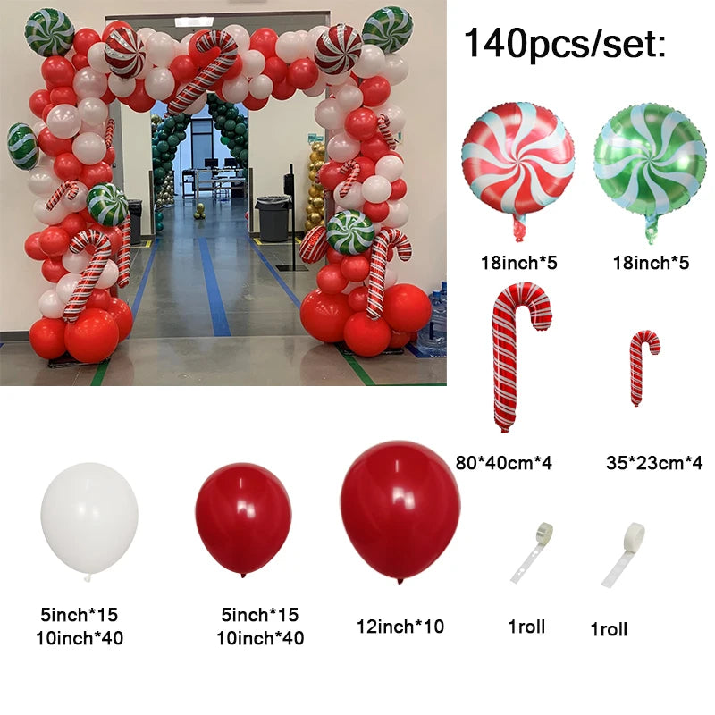 Christmas Balloon Garland Arch – Red & Green Balloons, Star, Santa, and Gift Box Foil Balloons for Xmas and New Year Decoration